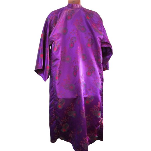 Asian Inspired Tie Front Kimono Robe Purple Red Green Brocade Damask Damage L XL - Picture 3 of 16